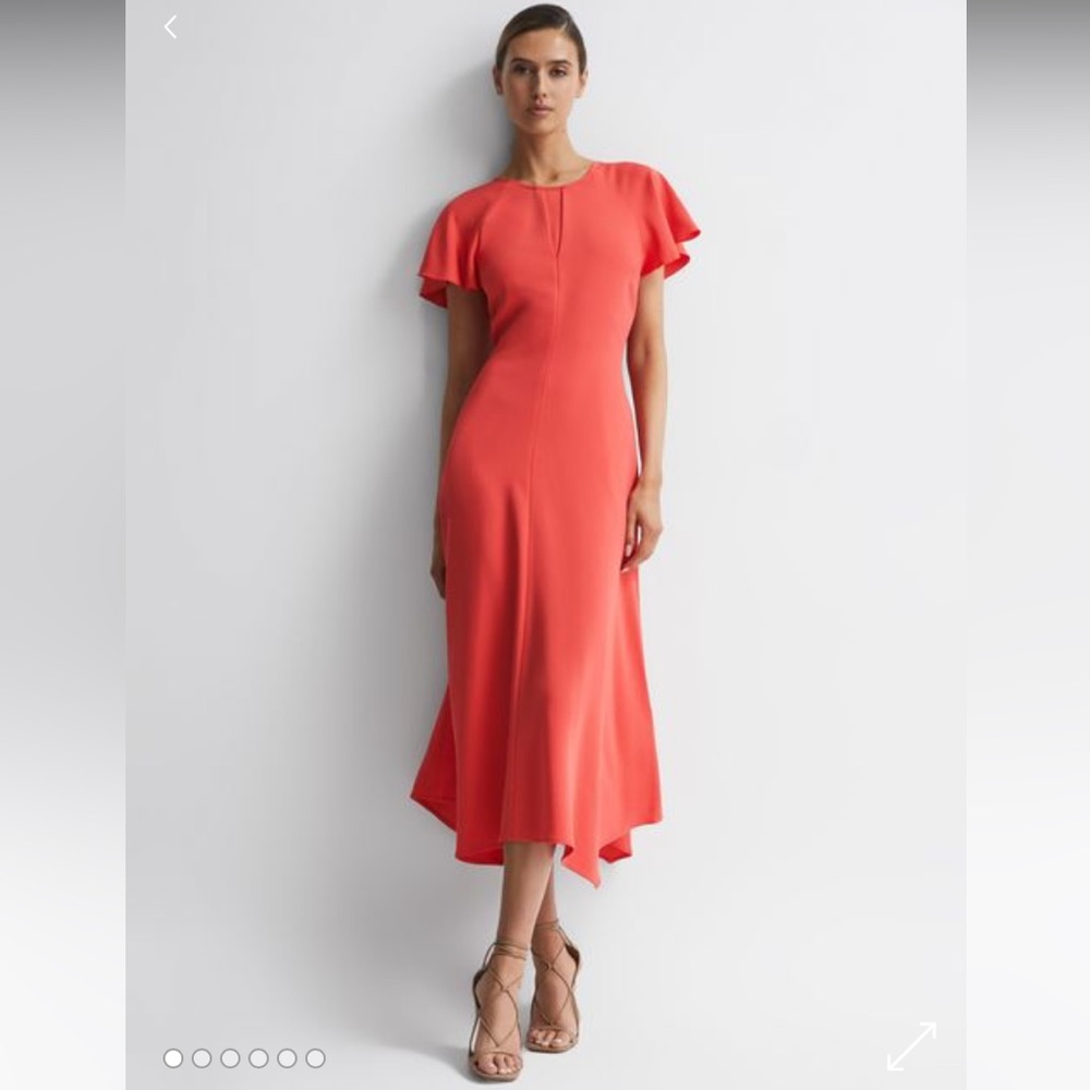 NWT Reiss Eleni Flutter Cap Sleeve strappy back Midi Maxi Coral fit flare dress - Picture 1 of 13